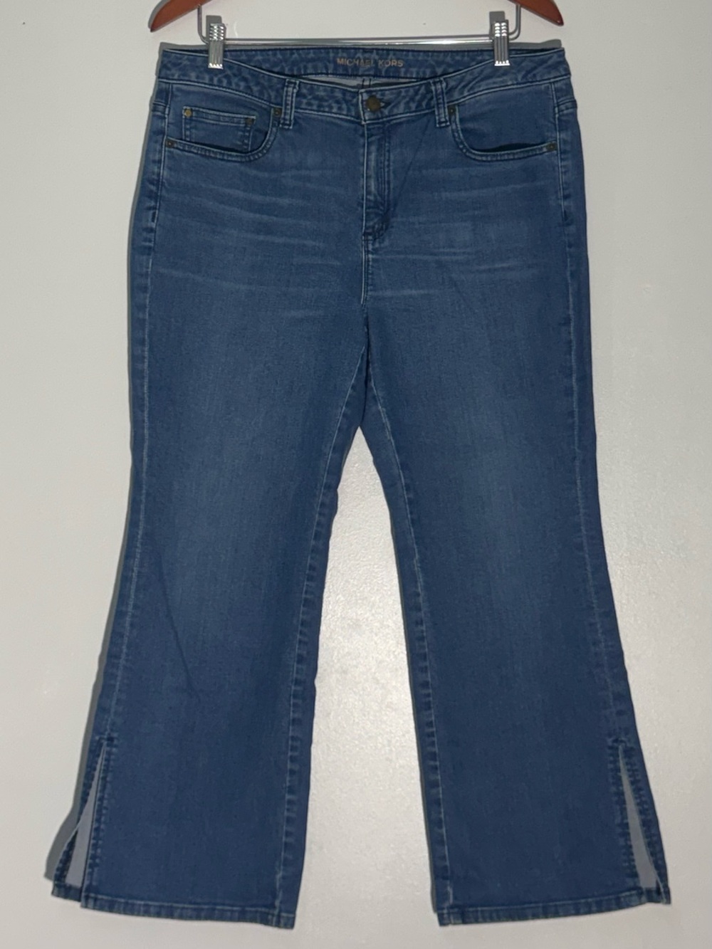Michael Kors Kick Flare Jeans Blue Denim Split Hem Stretch Cropped 12